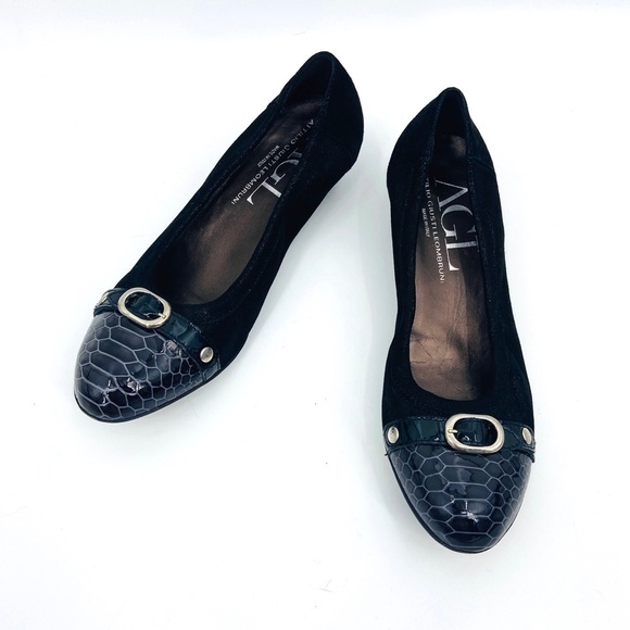 AGL ATTILIO GIUSTI LEOMBRUNI Black Leather Snakeskin Cap Toe Low Wedge Shoes - Picture 3 of 10